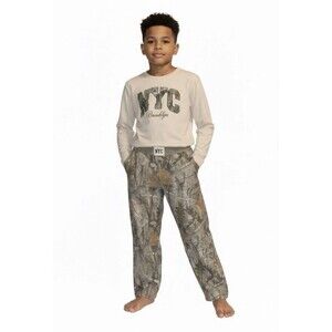 Boys Size 8 2pc Casual Set NYC Beige Long Sleeve Crewneck Shirt & Camo Pants
